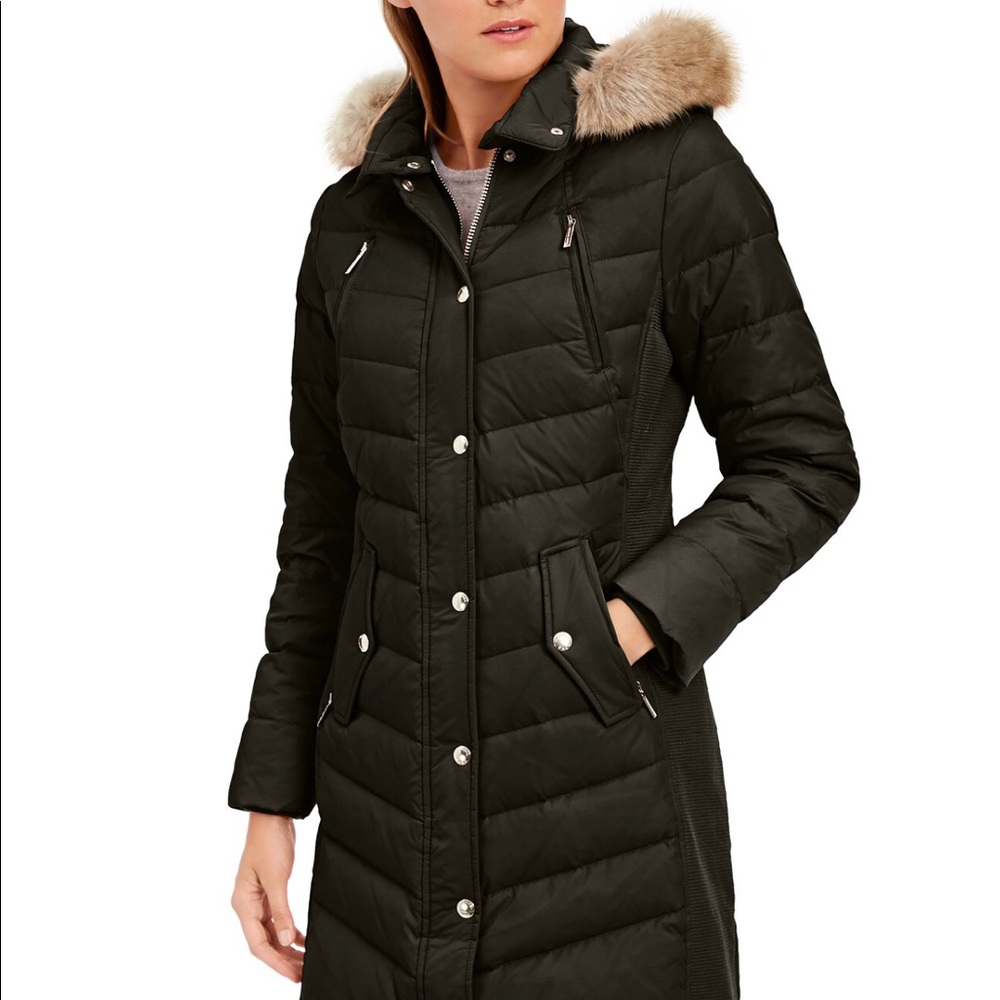 Michael Kors Long Faux Fur Trim Down Puffer Coat